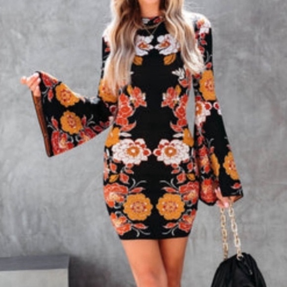 Flying Tomato Black and Orange Floral Mini Dress - Picture 1 of 10